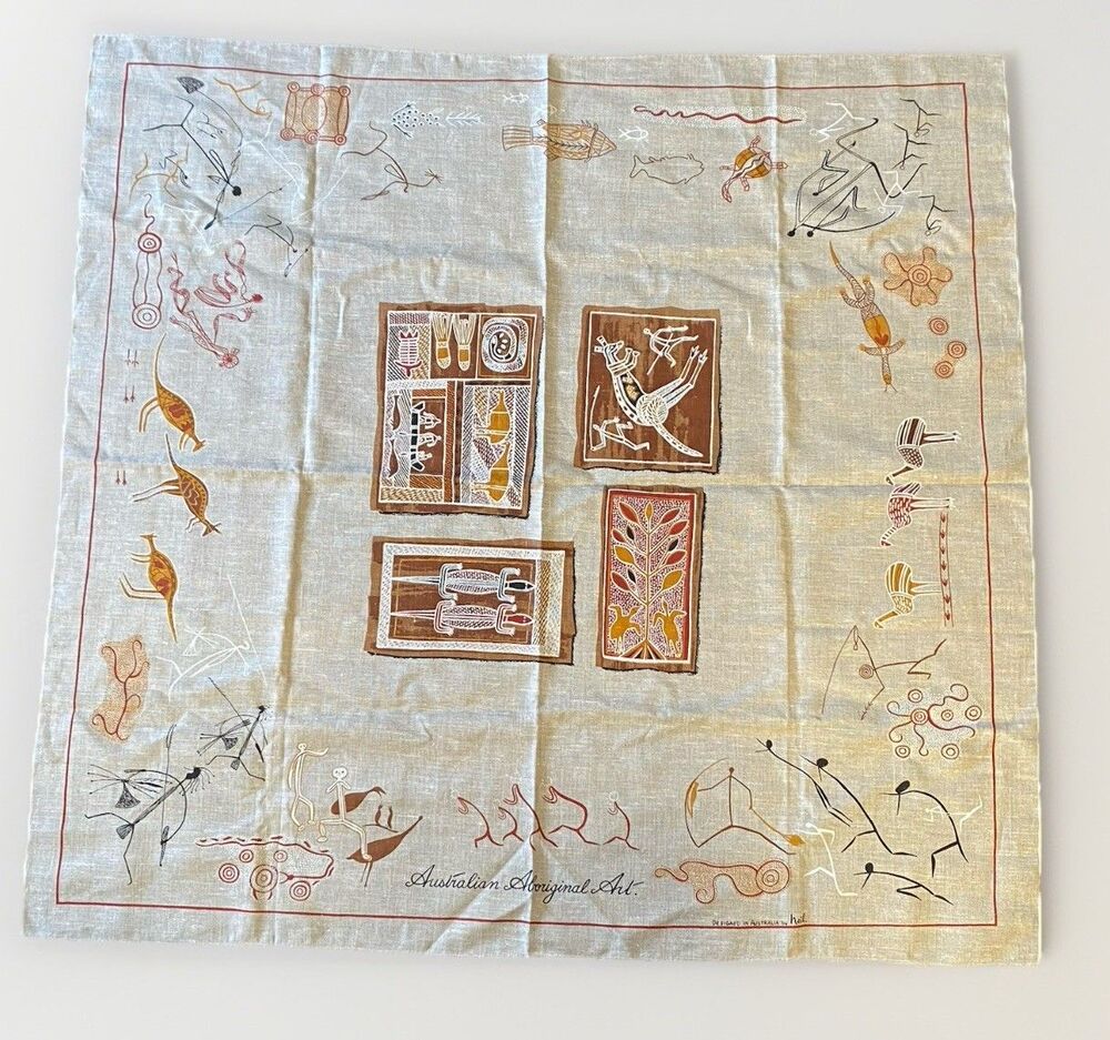 Rustic Linen Tablecloth Australian Aboriginal Art Print Design Textile 48x51"